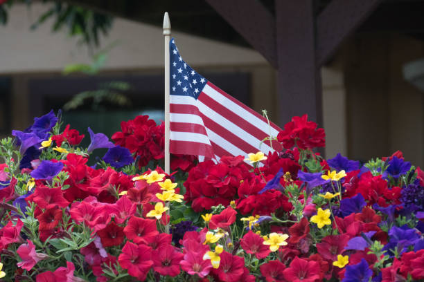 Flag and flowers celebrating Fourth of July  Oregon